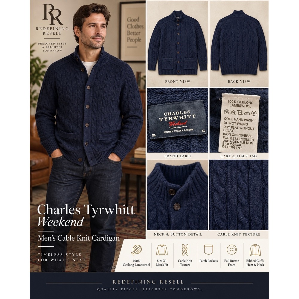 Charles Tyrwhitt Navy Geelong Lambswool Cable Knit Cardigan Sweater Mens XL